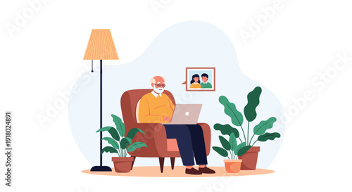 Elderly man relaxing at home, comfortably seated in an armchair while using a laptop, surrounded by houseplants.