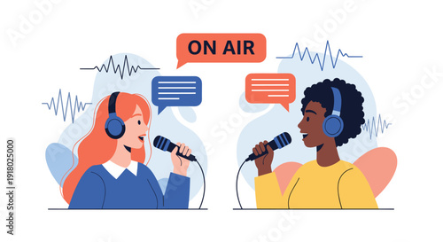 Two diverse women wearing headphones and speaking into microphones, recording a podcast or live radio broadcast with \.