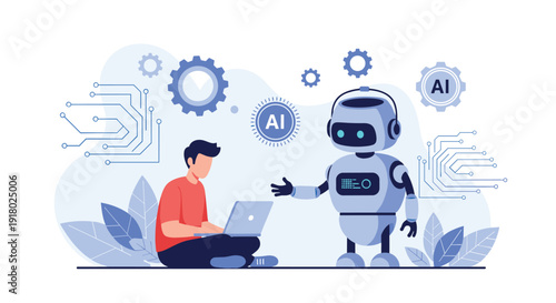 A human developer codes on a laptop, collaborating with an advanced AI robot, symbolizing the integration of artificial intelligence into modern technology and future innovation.