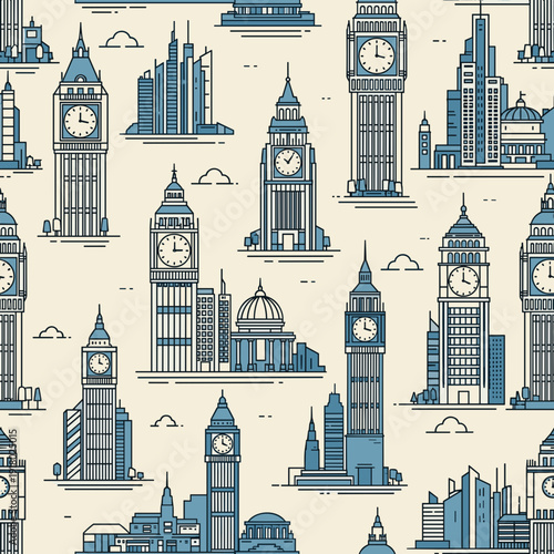 Vintage blue and white repeating clock tower pattern