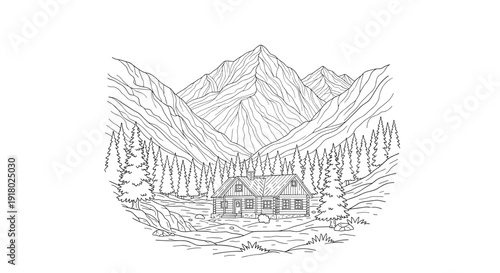 Line art illustration of a cozy cabin nestled among dense pine trees, set against a dramatic backdrop of towering mountains and valleys.