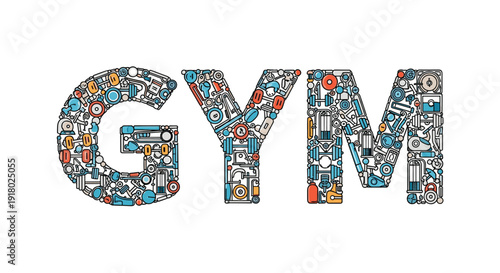 The word GYM is creatively composed of various colorful fitness and workout equipment, symbolizing health and an active lifestyle on a white background.