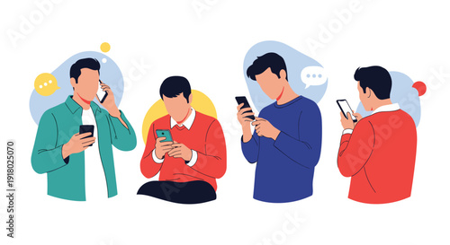 Illustrations of four men using smartphones for calls, messaging, and browsing, depicting modern digital communication and connectivity.