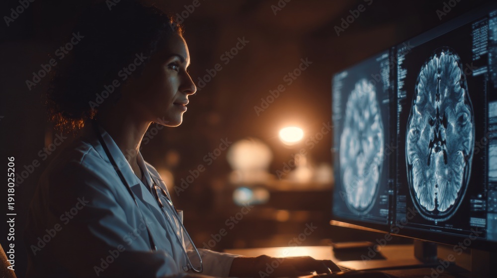 Obraz premium Medical Professional Analyzing MRI Scan Images on Large Monitors in a Dark Room Environment