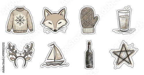 Winter and Nautical Sticker Set, Hand Drawn Vector Illustration