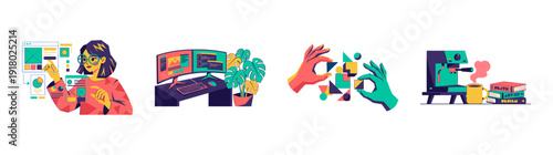 Flat Vector Creative Professional Workspace Element Kit for UI Design and Software Development Narrative