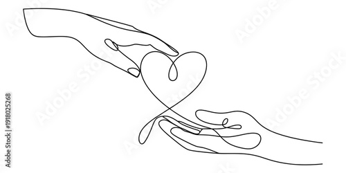 One line drawing of two hands reaching out to form a heart symbol of love and connection Vector, illustration