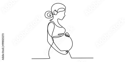 Minimalist continuous line drawing of a pregnant woman standing in profile view. Vector, illustration