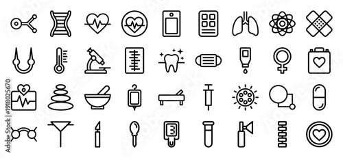 Medical and healthcare line icon set. Vector pictograms of dna, heart, lungs, microscope, tooth, mask, syringe, pills, scalpel, and test tube, thick outline illustration.