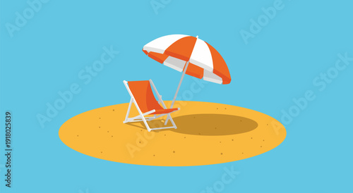 Vector illustration of serene beach with lounge chair umbrella on circular sandy islet