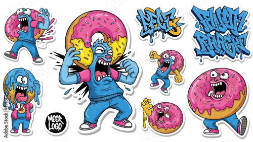 Cartoon characters with donuts vector illustrations for design and print
