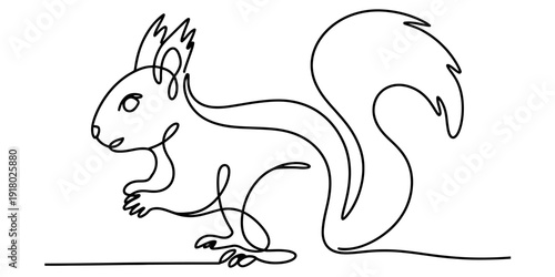 Minimalist single line drawing of a squirrel with a bushy tail on a white background.