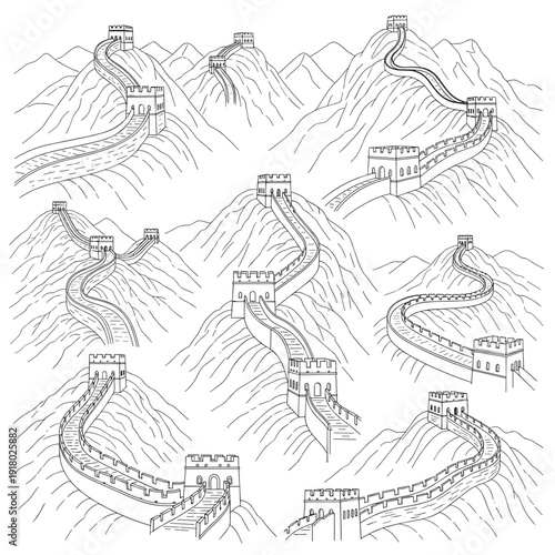 Detailed Sketch of Great Wall on Mountain Ridges