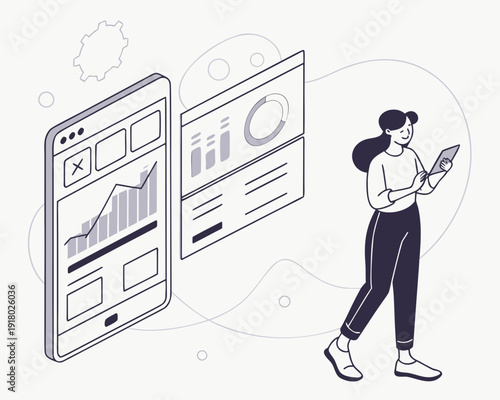 Analyzing data from a mobile device with a digital interface displaying charts and graphs, accompanied by a person interacting with a tablet