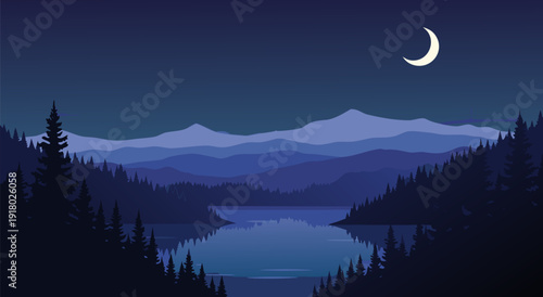 Vector Illustration of Tranquil Nighttime Mountain Landscape with Moonlit Water, Trees, and Silhouetted Peaks