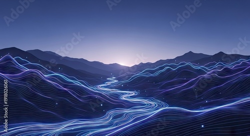 Futuristic Landscape with Neon Waves at Dusk