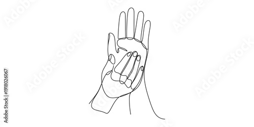 Illustration of the hand washing step involving rubbing palms together with interlaced fingers