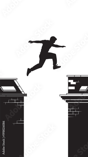 Silhouetted figure midair performing a parkour leap between urban rooftops.