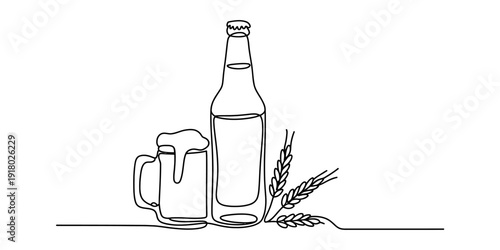 Continuous line drawing of a beer bottle with a mug of foaming beer and wheat stalks on white background.