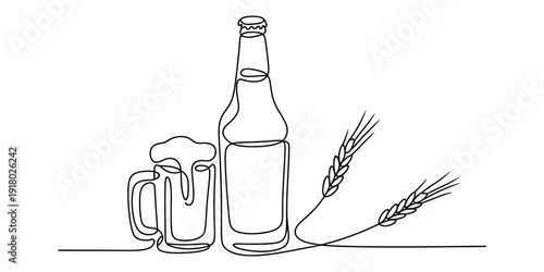 Continuous line drawing of a beer bottle, frothy beer mug, and stalks of wheat on white background