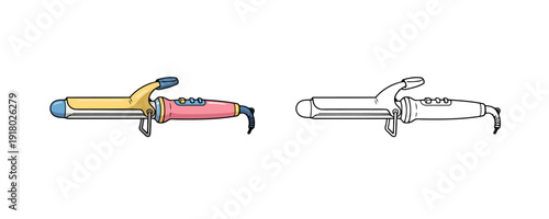 Professional hair curling iron and line art version on white background flat cartoon style styling appliance for creating wavy hair