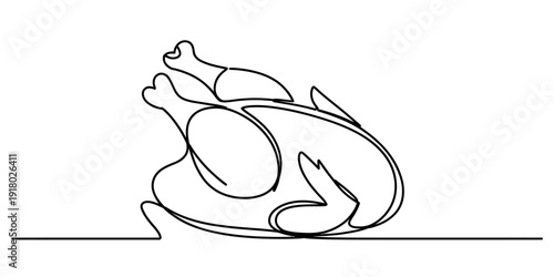 Minimalist continuous line drawing of a roasted chicken or turkey on a serving platter