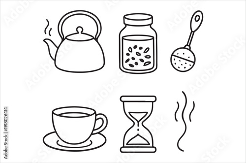 A simple black and white illustration depicts tea related objects and a timekeeping device
