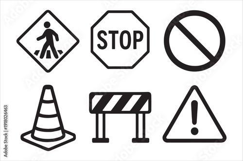 A collection of common road signs and traffic safety symbols in a simple black and white style