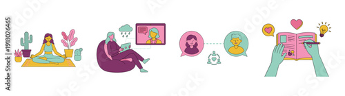 Flat Vector Mental Health and Self-Care Illustration Element Kit for Wellness and Emotional Support Apps