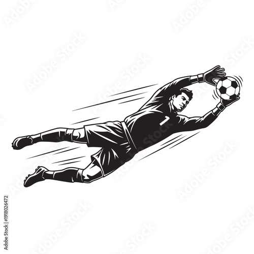 Diving goalkeeper reaching for the ball during a high action soccer moment on the field.