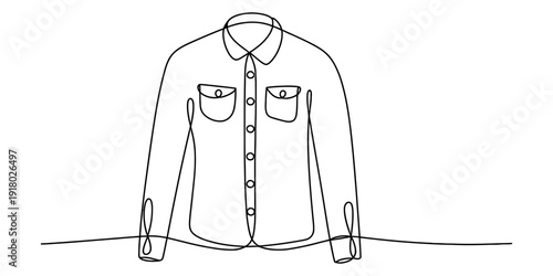 Continuous line drawing of a long-sleeved button-down shirt with two chest pockets.