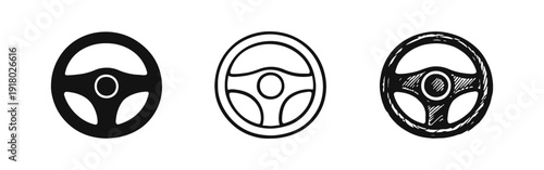 Steering Wheel Icons Set: Modern Car Control, Outline, and Hand-Drawn Design Elements