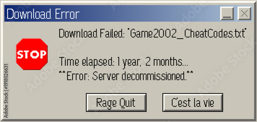 Humorous pixel art pop-up window with a download error message and retro computer aesthetic. Funny concept for tech and gaming themes. Vector illustration.
