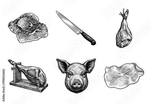 Vintage engraving style collection of pork products featuring a pig head, ham hocks, butcher knife, and meat slices