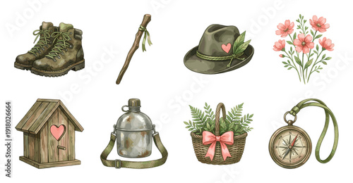 Rustic Outdoor Hiking and Nature Stickers Vector Illustration Set