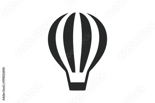 Hot air balloon silhouette icon in black and white, minimal flat vector symbol for travel, adventure, flight, and tourism designs featuring aerostat, airship, flying with aviation and journey