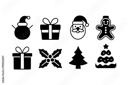 Christmas icon set with snowman, gift boxes, Santa face, gingerbread man, holly, fir tree and festive dessert silhouettes featuring xmas, holiday, winter with symbols and silhouette elements for