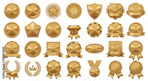 Golden award icon collection. Includes badges, labels, seals, ribbons, and medals. Created in metallic style with gold palette. isolated on White Background