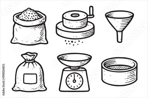A hand drawn illustration depicting various tools for grain processing and measurement high quality professional