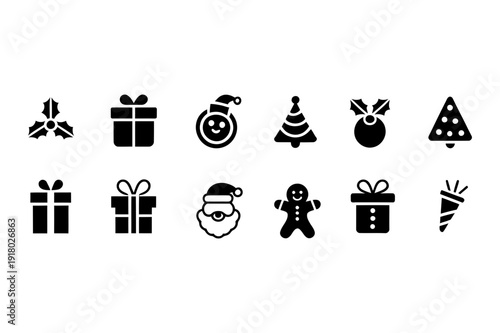 Christmas holiday icon set featuring gift boxes, Santa face, gingerbread man, bells, ornaments, party hats and crackers featuring xmas, winter, icons with pictogram and silhouette elements for glyph,