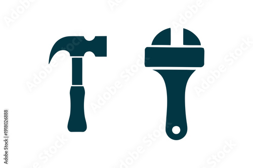 Tools icons set featuring hammer and paint roller silhouettes, minimal flat design for construction, repair, renovation apps featuring tool icon, painting, home improvement with handyman and DIY