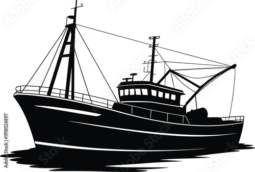 Fishing Trawler Silhouette Commercial Vessel Maritime Industry Nautical Scene Stock Graphic