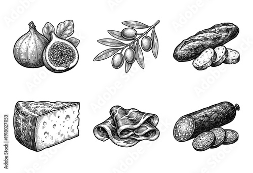Vintage woodcut illustration set of charcuterie board elements including figs, olives, baguette, cheese, prosciutto, and salami in hand-drawn engraving style.