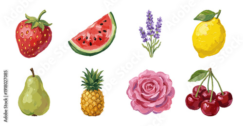 Set of Fruit and Flower Sticker Icons in Painterly Style
