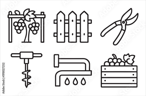 Line art illustration depicting gardening tools grapevines and harvest elements in a minimalist style