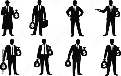 Businessman silhouette set with money bag, corporate finance success concept icons, rich executive characters in suit black vector illustration isolated