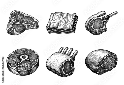 Vintage hand drawn engraving style collection of assorted raw meat cuts including steak, ribs, and lamb chops for butcher shop branding.
