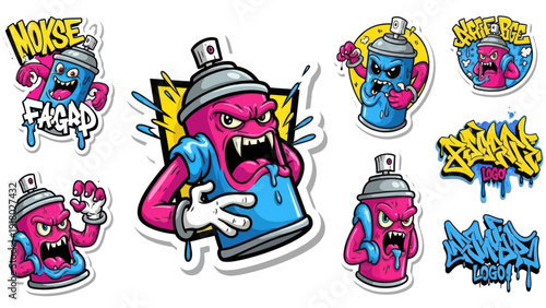 Cartoon graffiti spray cans vector illustrations for design elements