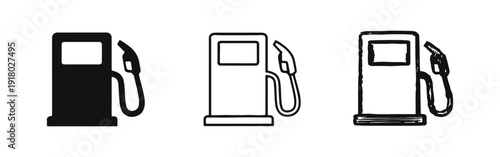 Fuel Dispenser Icons Set: Petrol Station Pump Graphics in Flat, Outline, and Sketchy Styles