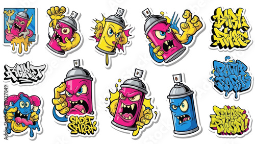 Cartoon graffiti spray cans with expressions and text on white background